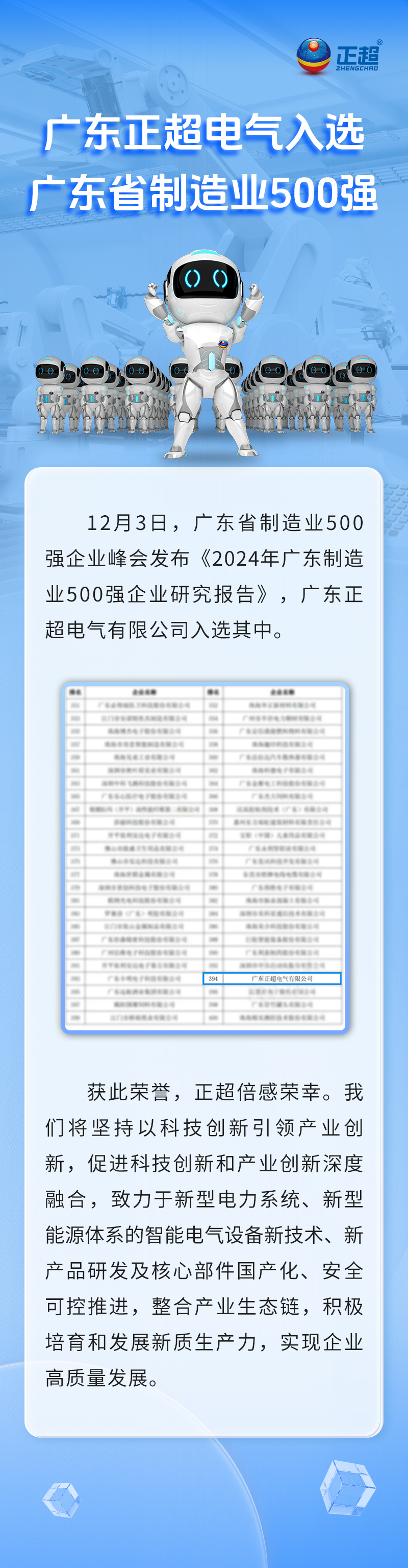 廣東正超電氣入選廣東省制造業(yè)500強